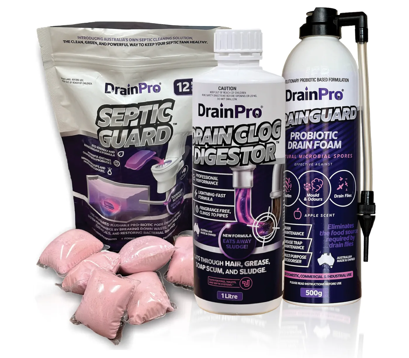 Drain Pro product range: Septic Guard, Drain Clog Digestor and DrainGuard