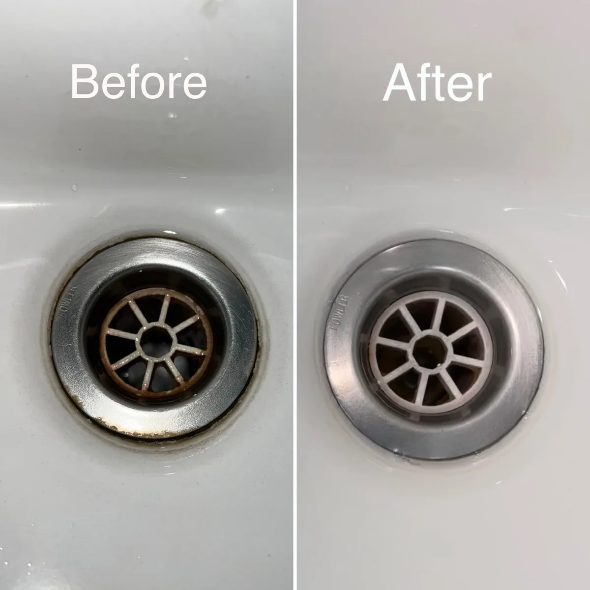 Sink drain before and after DrainGuard